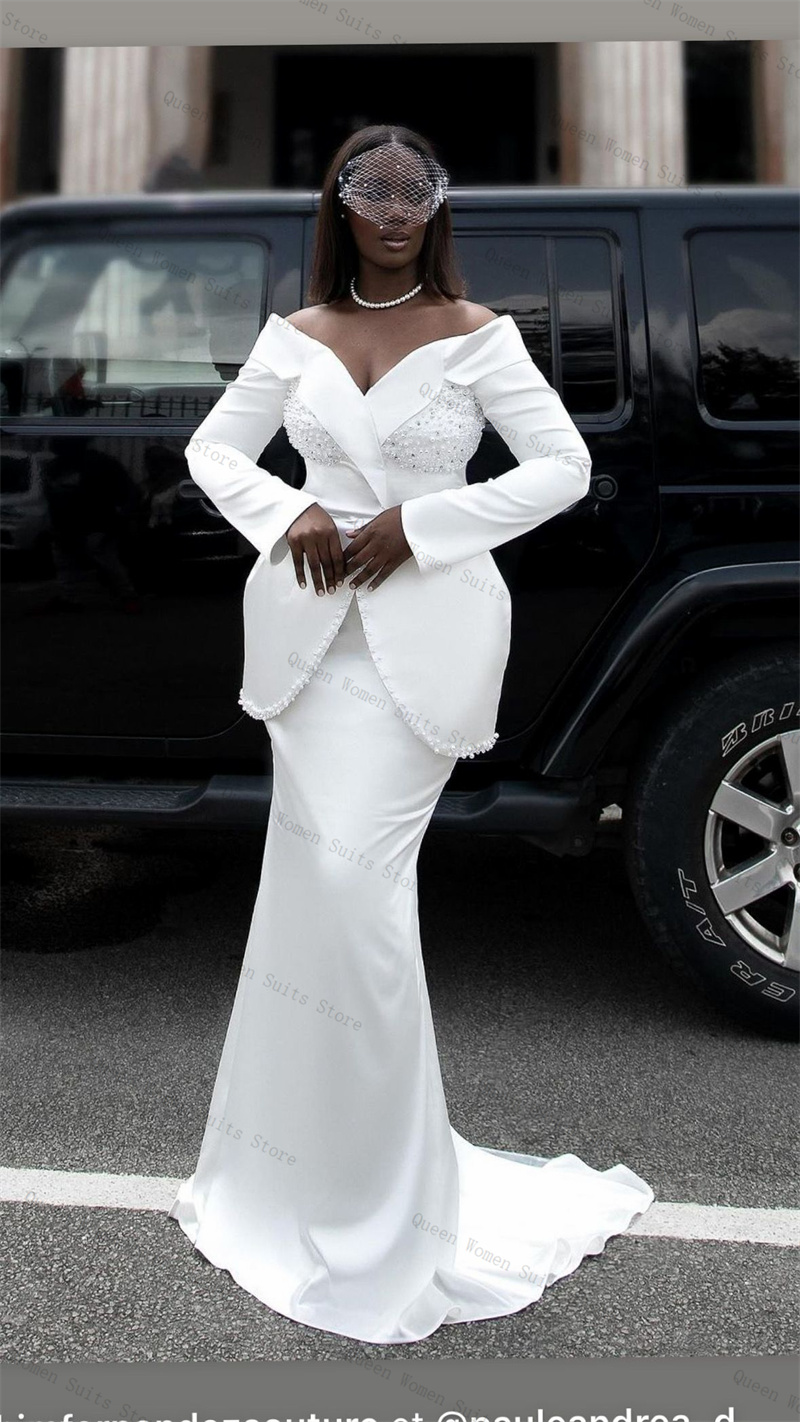Women'S Formal Jackets To Wear With Dresses - White Pearls Women Suit Skirt Set