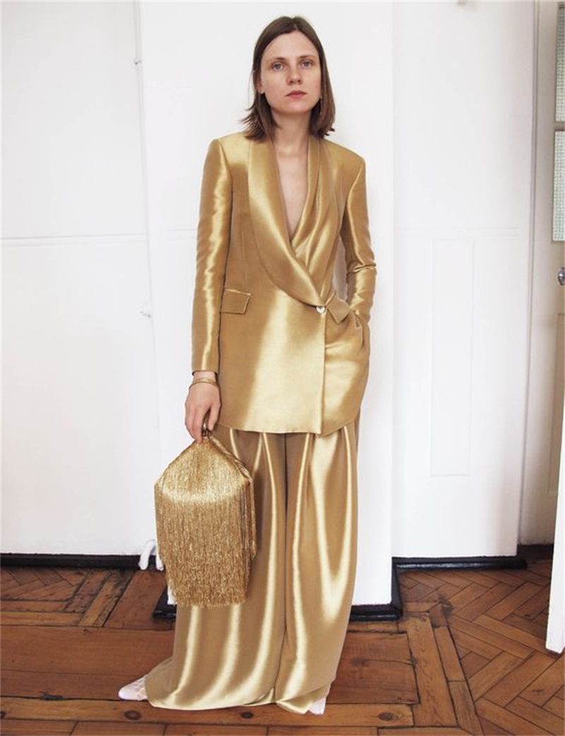 Women'S Formal Wear For A Wedding - Gold Silk Satin Women Suits Office