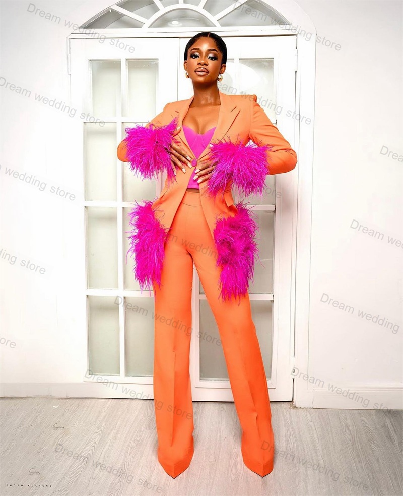 Women Formal Wear Tailor - Ostrich Feather Orange Women Suits Pants