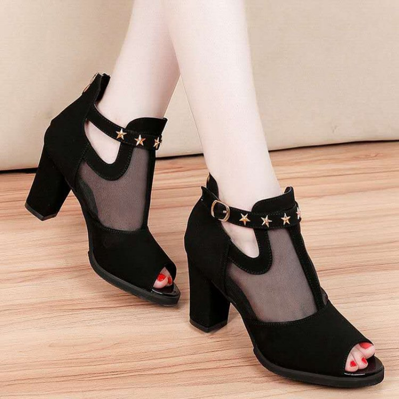 Women Formal Wear For Office - Mesh Peep Toe Block High Heels